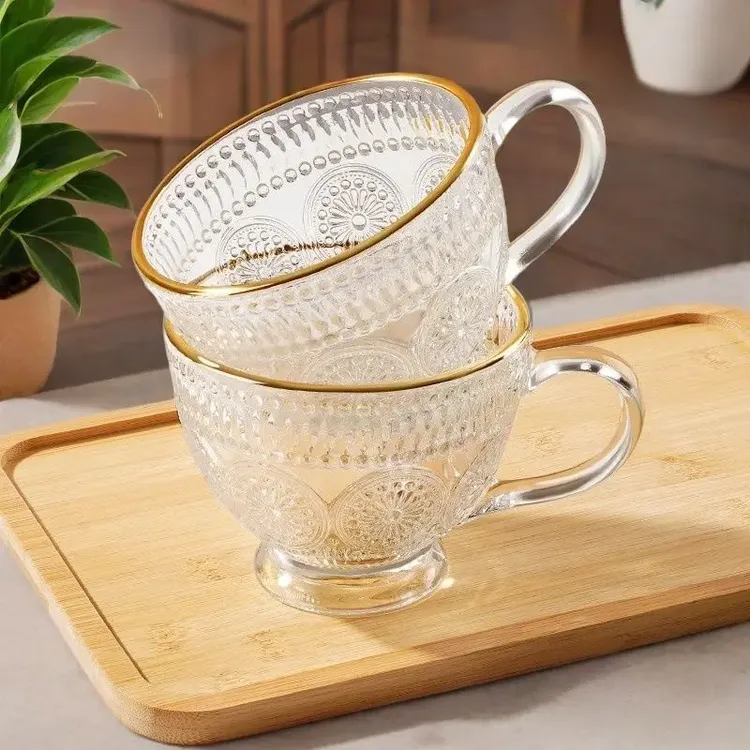 金口早餐碗牛奶杯家用燕麦杯早餐杯把手杯玻璃杯水果杯描金早餐