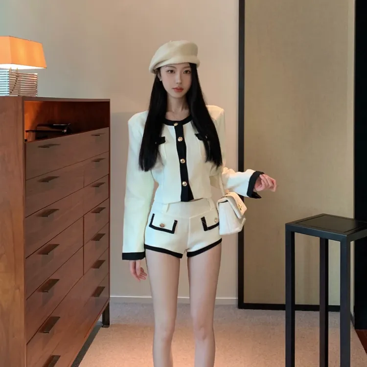 甜美法式小香风粗花呢圆领短外套女高腰休闲直筒短裤气质名媛套装