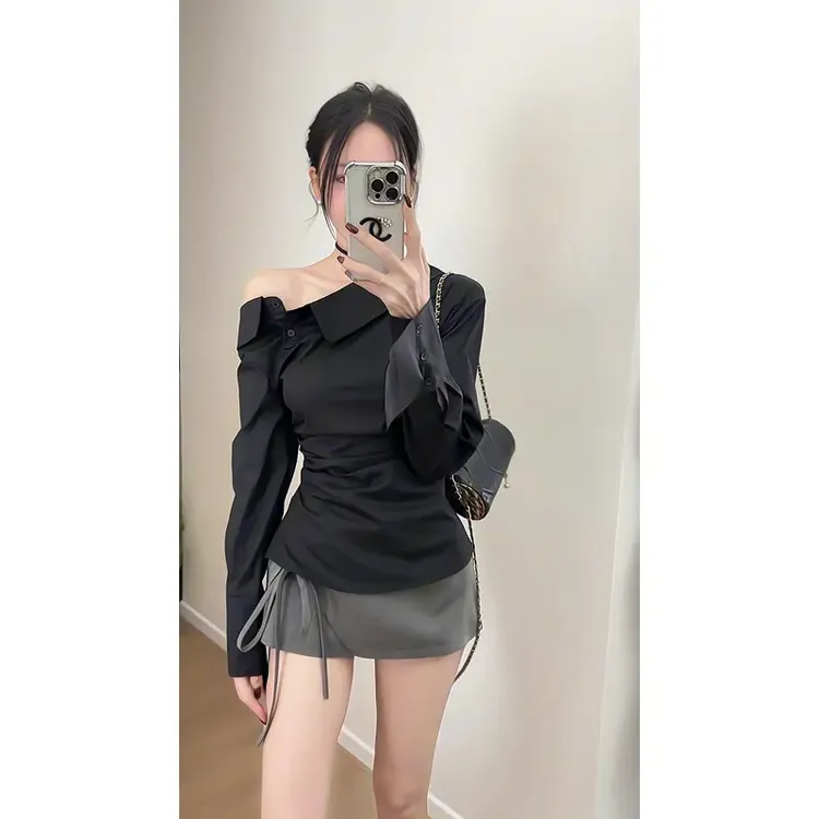 设计感小众斜肩衬衫收腰显瘦露肩上衣蝴蝶结系带半身裙a字短裙女