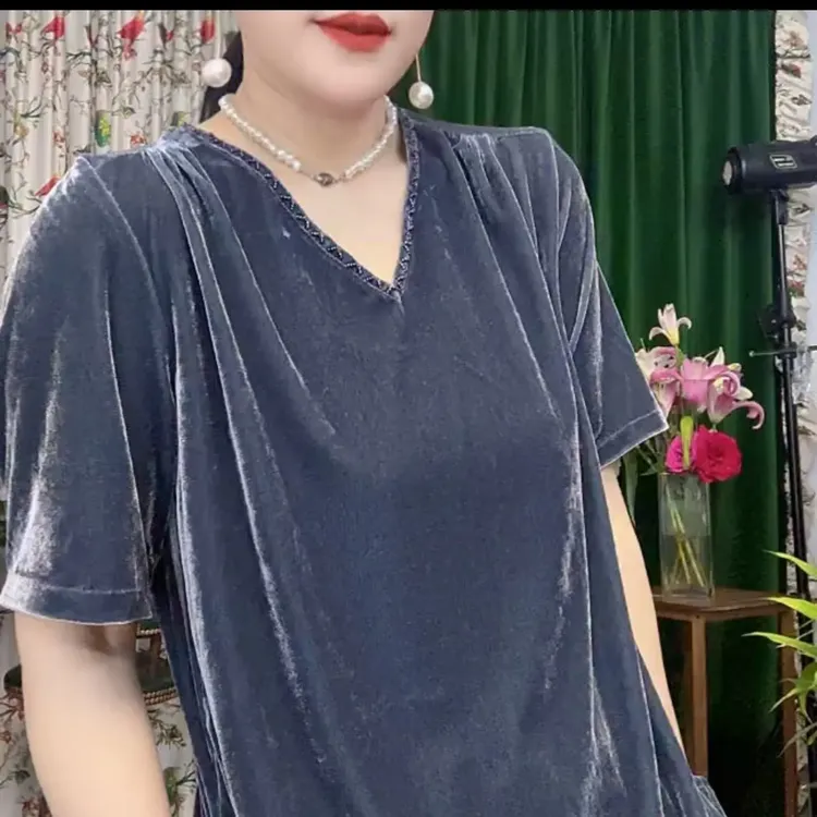 金丝绒套装女时尚韩版V领短袖宽松半身裙两件套休闲洋气