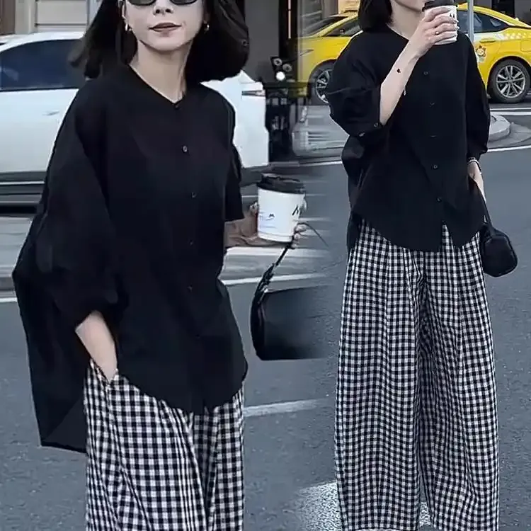时尚休闲套装女2025春季新款宽松显瘦遮肉衬衫格子阔腿裤两件套潮