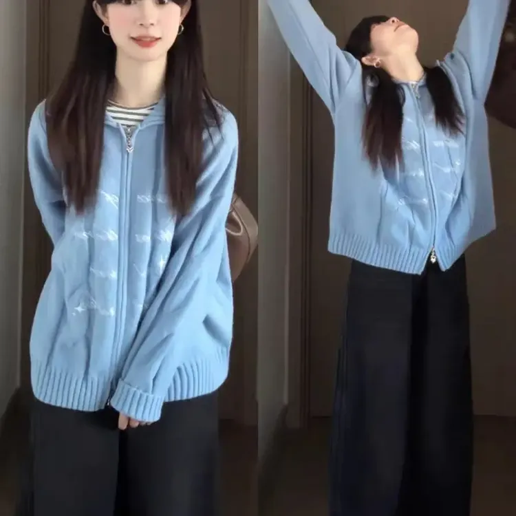 蓝色麻花polo翻领拉链毛衣外套女秋冬加厚慵懒风针织开衫运动上衣