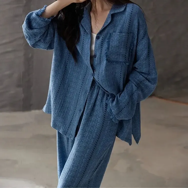 带胸垫长袖长裤睡衣女春秋季新款条纹大码休闲慵懒风可外穿家居服
