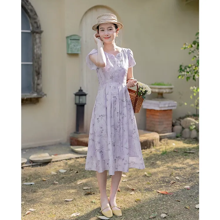 红念碎花紫色天丝连衣裙女短袖设计感收腰显瘦夏季2025新款长裙子
