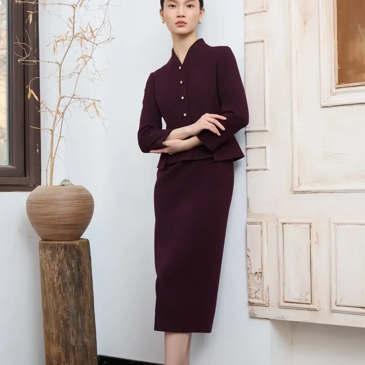 171183高档新款酒红色优雅时尚显瘦长款职场中式连衣裙秋冬裙子