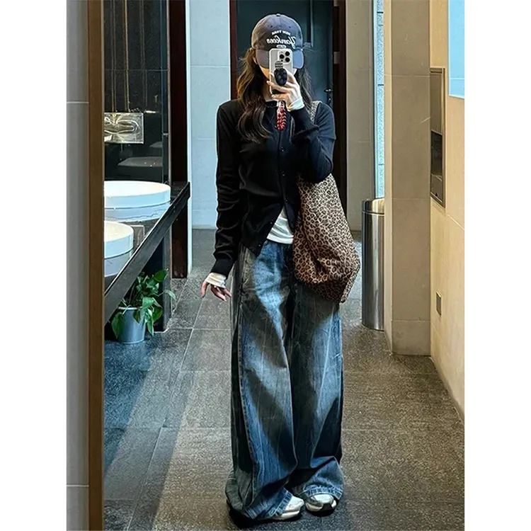 美式复古水洗微喇阔腿牛仔裤春季2025新款小众高腰直筒宽松裤子潮