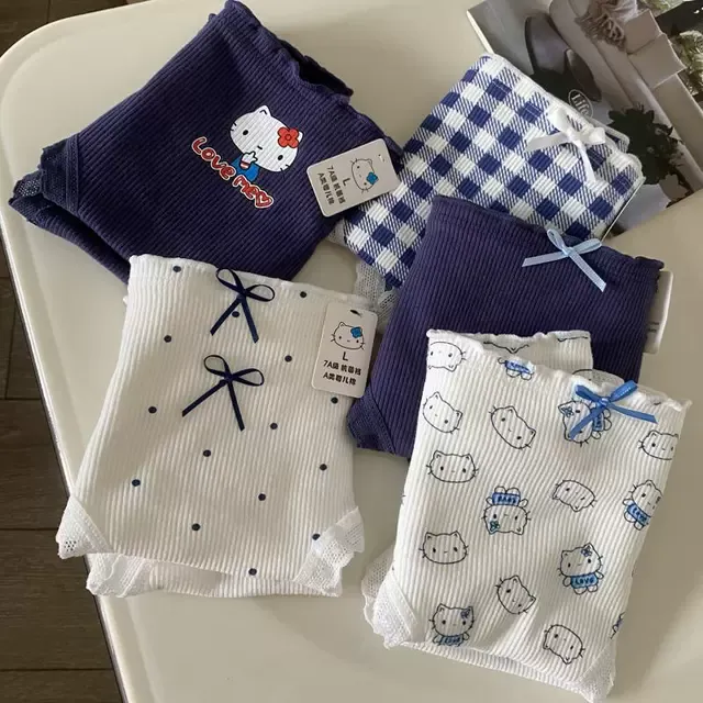 5条装 明星子夜蓝A类婴儿棉可爱卡通蝴蝶结大码中腰女士三角内裤