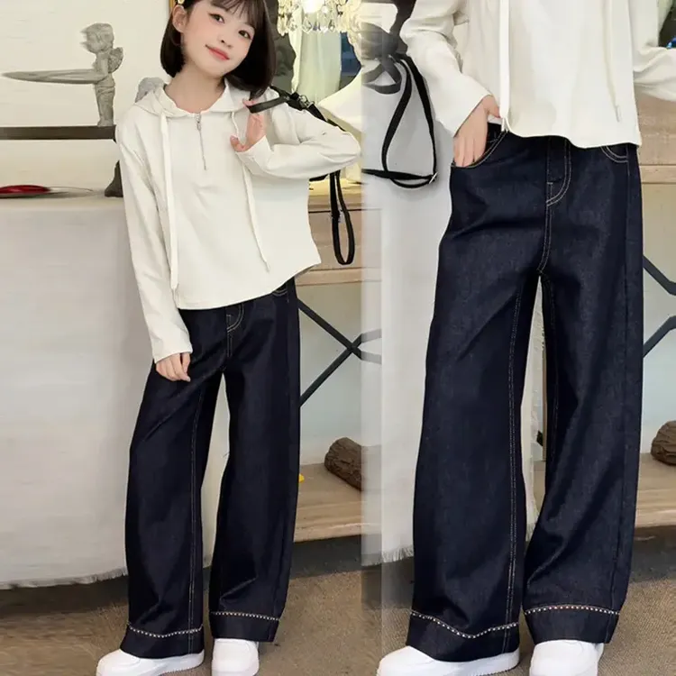 女童直筒牛仔裤2025春秋连帽卫衣套装洋气中大童丹宁阔腿裤两件套