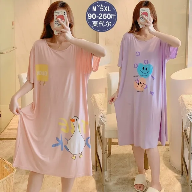 柔软莫代尔纯棉睡裙女夏短袖大码宽松透气胖MM冰丝凉感200斤睡衣