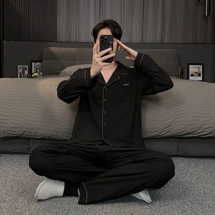 高级感黑色云朵棉男士睡衣春秋款长袖宽松大码可外穿家居服两件套