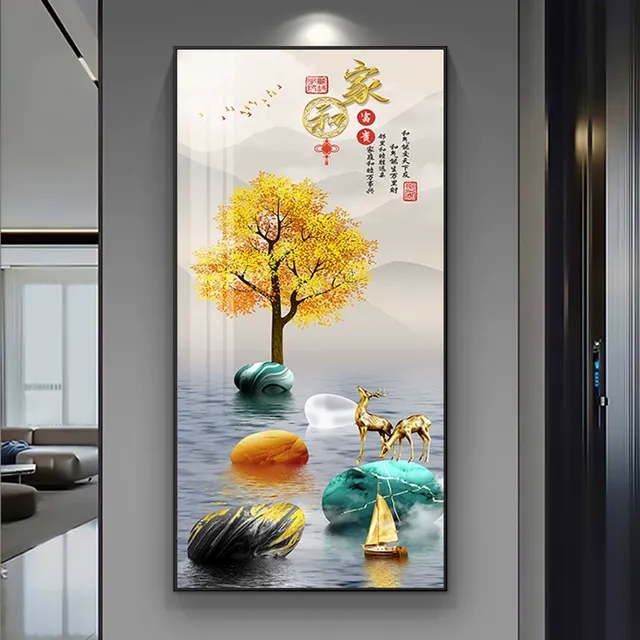 昌狮轻奢家和福鹿入户玄关装饰画走廊过道客厅挂画石来运转寓意好