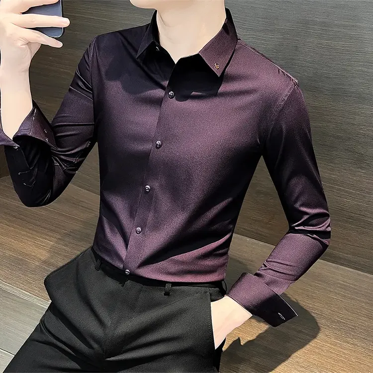 长袖衬衫男款痞帅高级感紫色婚礼男装商务休闲春秋季2024新款衬衣
