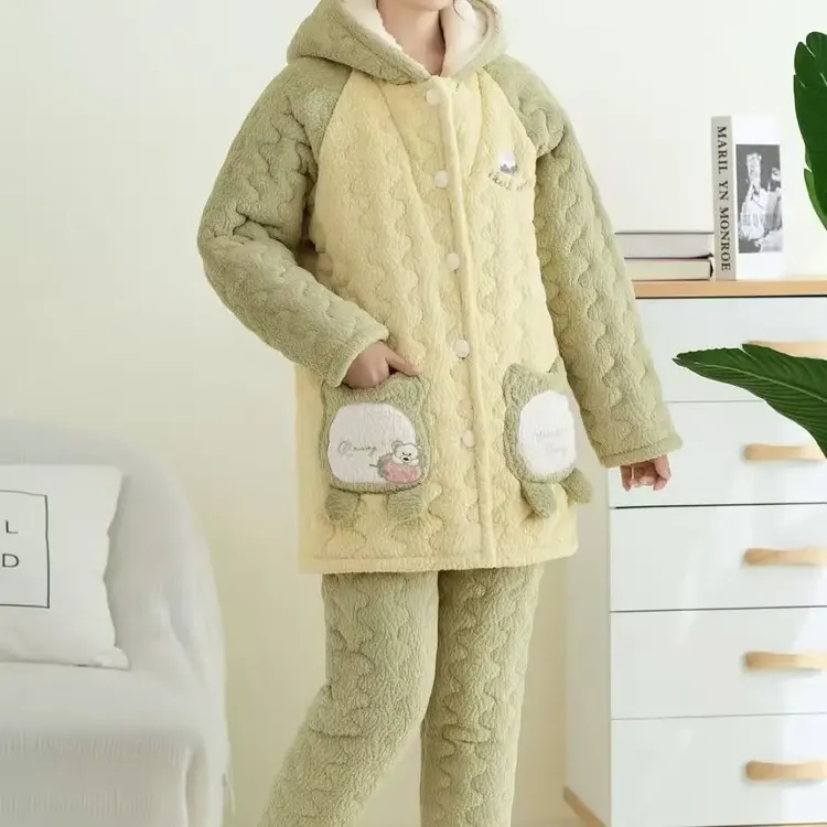 女士冬季加绒加厚三层夹棉连帽保暖外穿睡衣家居服