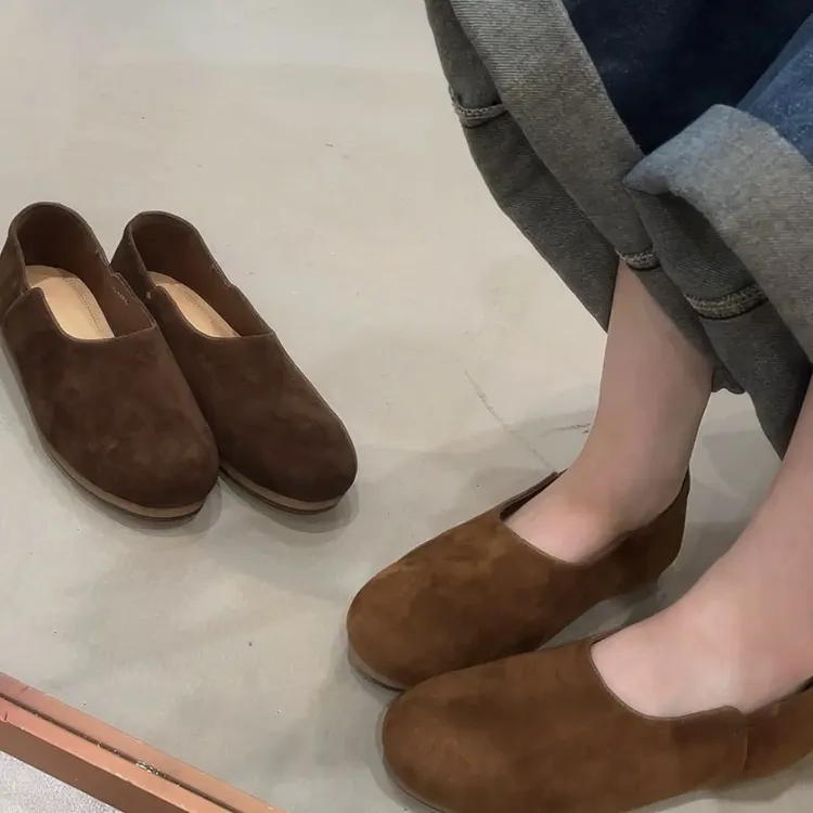【超舒服】全皮手工复古单鞋圆头懒人鞋秋季豆豆鞋平底吸汗