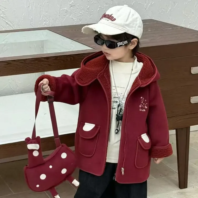 儿童红色毛呢大衣小童秋冬时尚普通外套冬季连帽呢大衣加绒A类