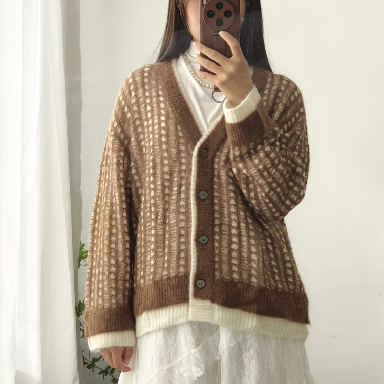 苏丽羊驼毛假两件外套开衫中长款宽松型毛针织衫时尚百搭开衫