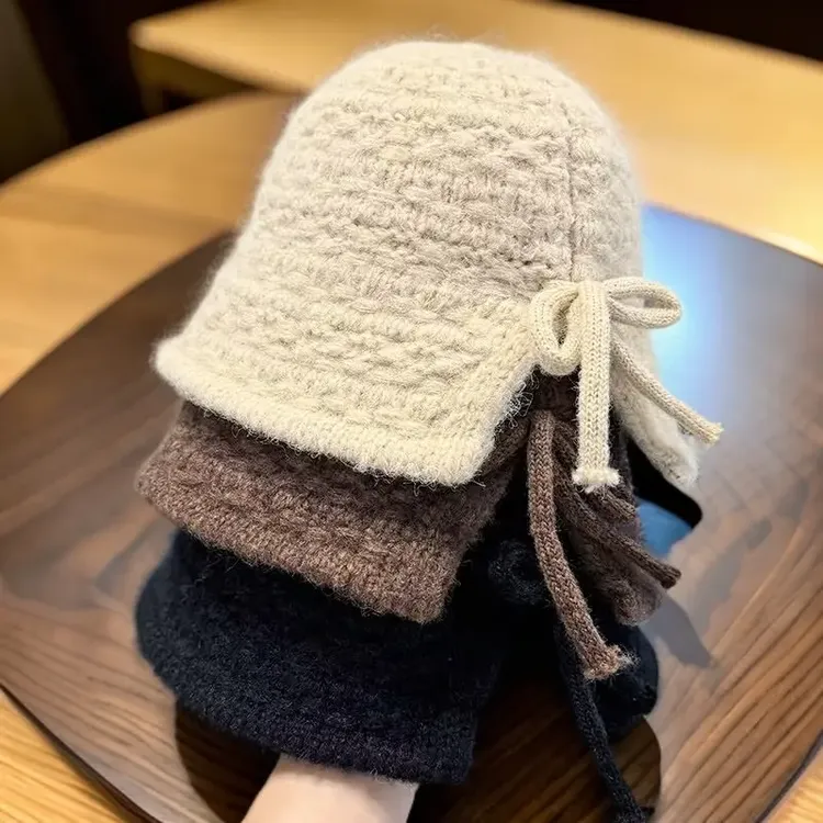 韩版时尚后开叉蝴蝶结盆帽女秋冬显脸小针织渔夫帽百搭保暖水桶帽