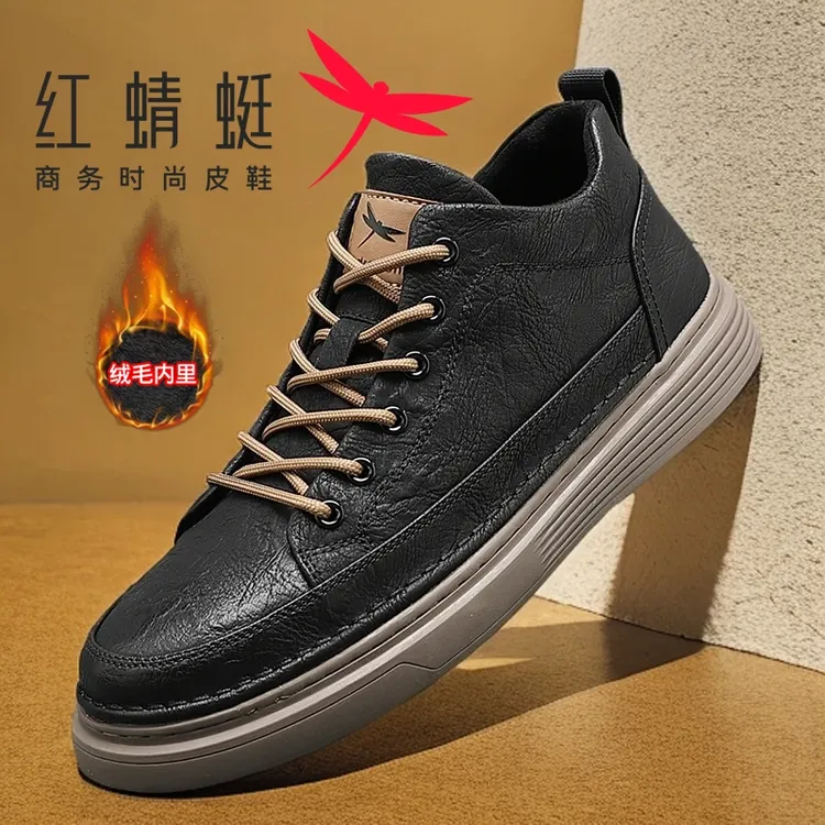 红蜻蜓2025秋冬牛皮高帮鞋新款男鞋男士皮鞋时尚休闲百搭加绒潮鞋