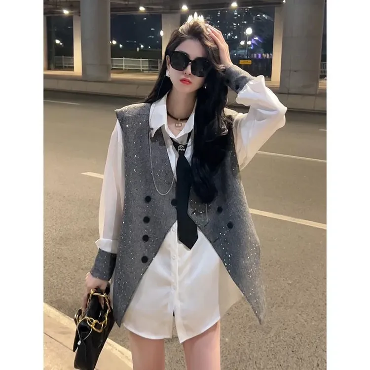 【现货运费险】秋装新款高定韩版设计亮片百搭马夹+衬衣+短裤三件套