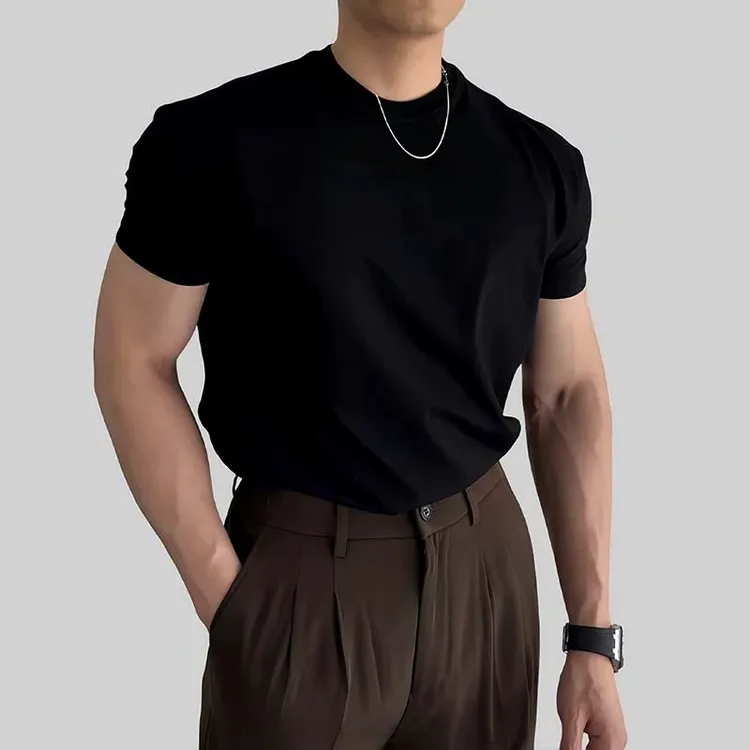 黑色正肩收袖口t恤男款夏季速干健身衣服短袖重磅美式紧身半截袖