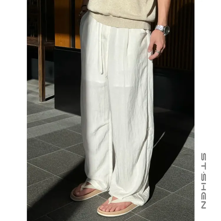 【ST·Shen】莱赛尔天丝亚麻情侣裤松弛垂感休闲拖地弯刀裤男女82201