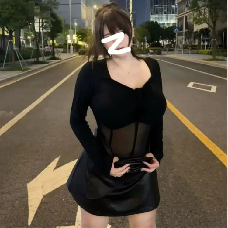 微胖大码辣妹性感套装女春秋季网纱拼接上衣高腰半身裙子两件套
