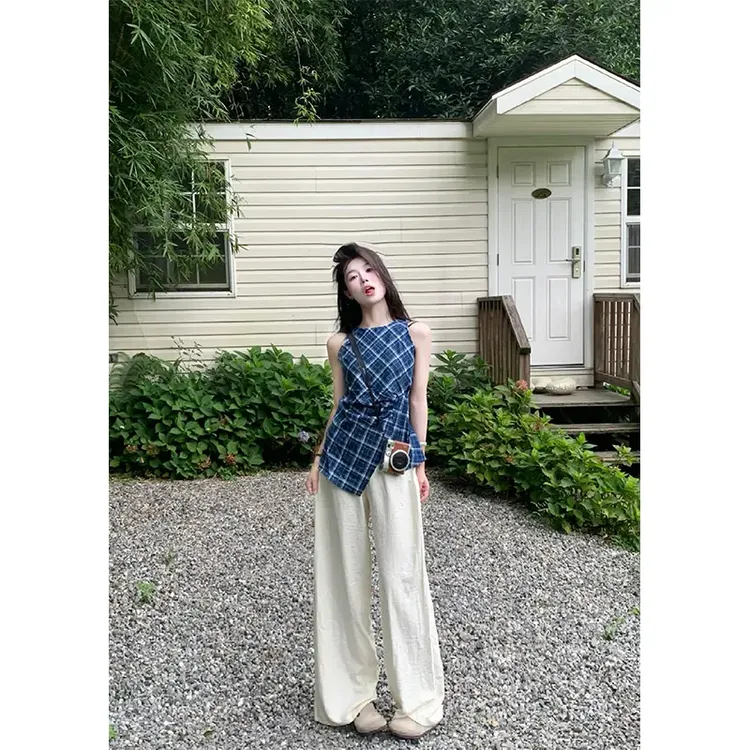 复古女士小众夏季韩版气质格纹开叉显瘦无袖上衣高腰休闲阔腿裤