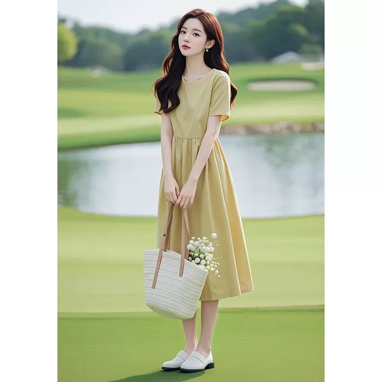 法式简单大方独特绝美小个子显高黄色收腰棉麻连衣裙子夏季女长裙