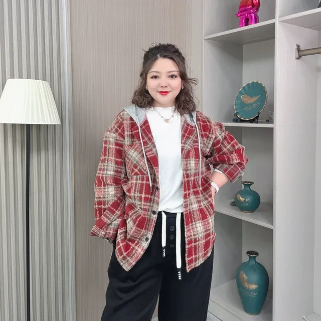 复古连帽格子衬衫女大码春秋胖mm宽松假两件磨毛衬衣休闲上衣外套