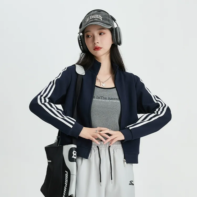 石榴家三条杠修身拉链运动卫衣25秋休闲立领外套女款美式短款开衫