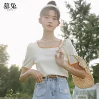 慕兔法式气质方领短袖t恤女2025夏季新款设计感小众短款辣妹上衣