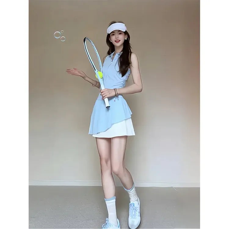 夏季温婉大方衣服新款设计感运动背心上衣高腰显瘦百褶拼接短裙