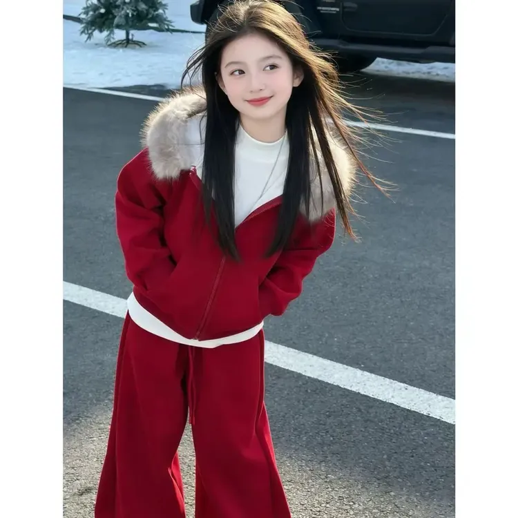 女童年款新年款套装休闲冬季纯色加绒加厚女童中大童连帽套装