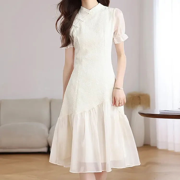 拉夏贝尔短袖连衣裙女2025夏季新款气质显瘦新中式改良旗袍连衣裙