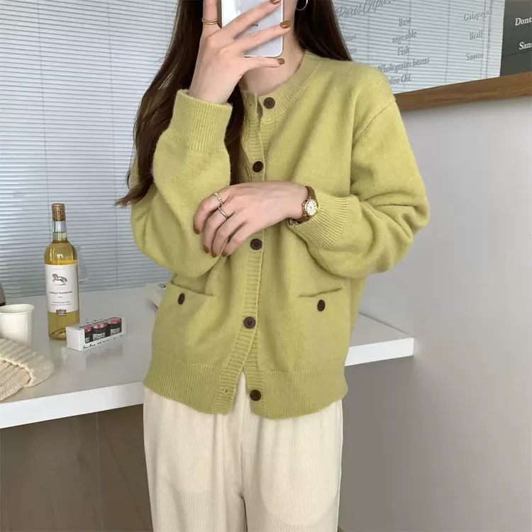 超好看圆领宽松慵懒针织衫毛衣女秋冬口袋设计感保暖外套长袖上衣