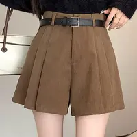 咖色新款灯芯绒休闲裤高腰显瘦百褶阔腿裤短裤女时尚气质秋冬裤子