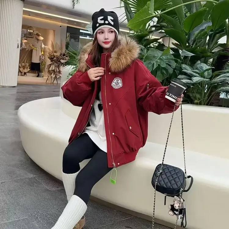 工装风真骆子毛领加毛加厚派克服女冬季新款设计感宽松保暖外套