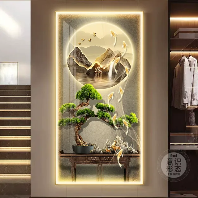 迎客松玄关装饰画led灯轻奢入户正对门挂画高档大气走廊过道壁画