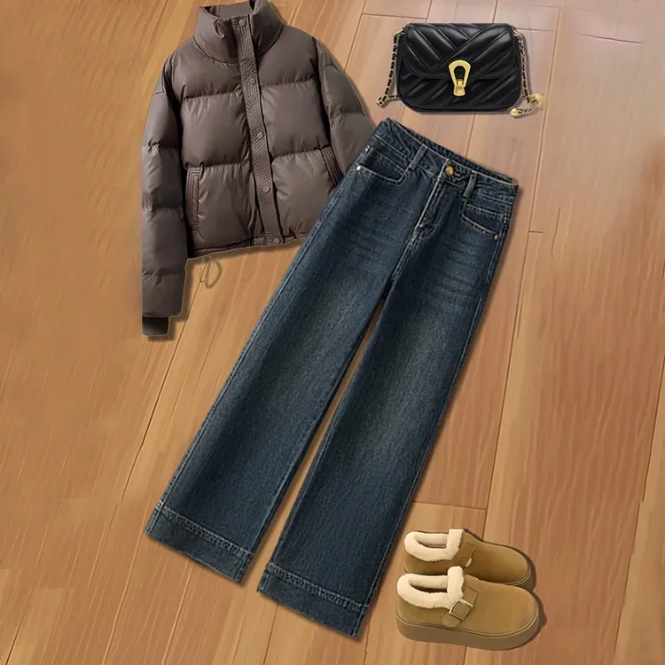 冷茶色高端窄版阔腿牛仔裤女2025春季新款宽松直筒小个子九分裤子