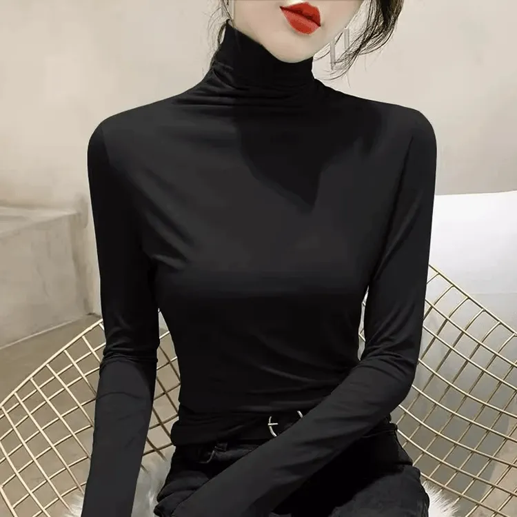 时尚堆堆领套头长袖内搭打底衫2024年羊毛百搭修身针织衫女装女款