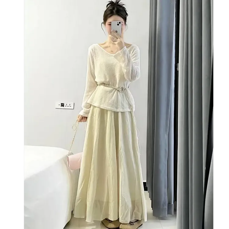 时尚盐系穿搭套装女春秋季气质宽松长袖上衣高腰长裙小个子两件套