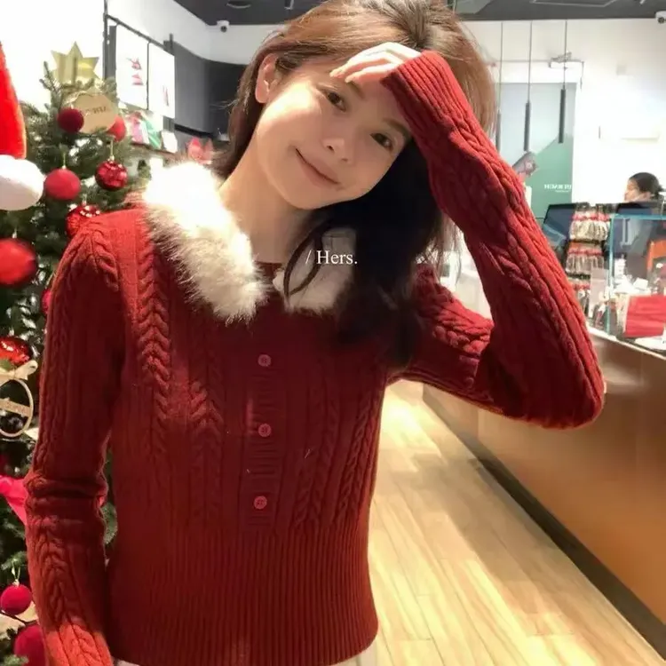 冬季韩系简约气质百搭显瘦针织衫女可拆卸毛领麻花保暖毛衣80093