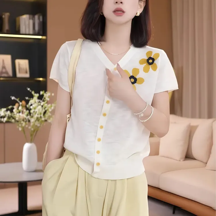 提花花朵短袖T恤女2025夏季新款洋气小香风针织假开衫设计感上衣