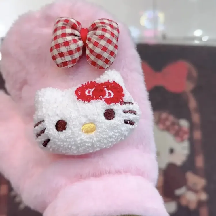 豹纹毛绒手套女秋冬季卡通可爱加绒加厚户外骑行防寒保暖带挂绳