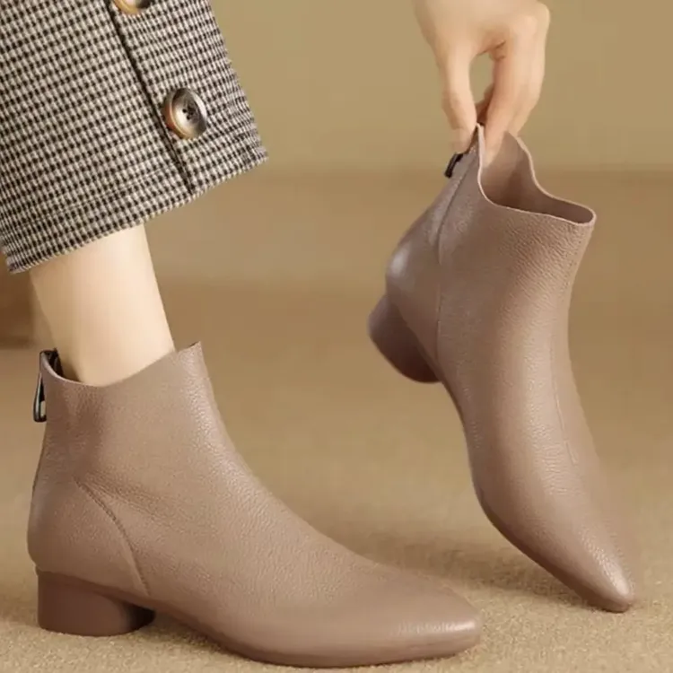 （断码福利）秋冬季软皮裸靴尖低粗跟单靴羊皮法式复古短靴女