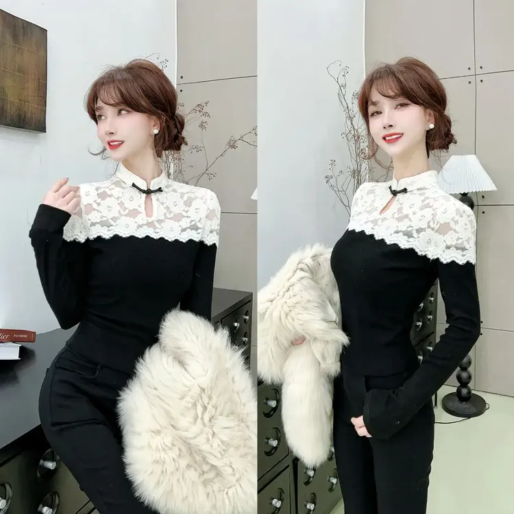欧货蕾丝拼接上衣女2025春秋新款时尚设计感减龄新中式长袖小衫