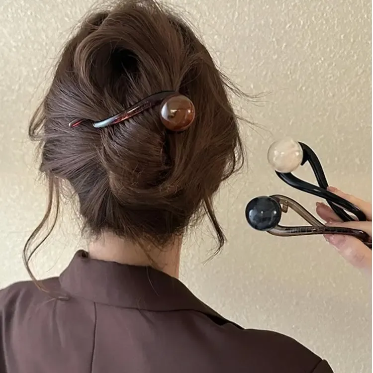 简约咖色珍珠一字古风女扭扭发夹后脑勺鲨鱼夹发夹后脑勺抓夹