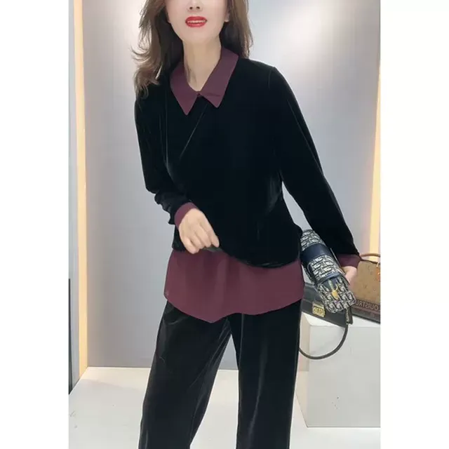 时尚假两件丝绒衬衫上衣阔腿裤两件套女2025秋季新款气质显瘦套装