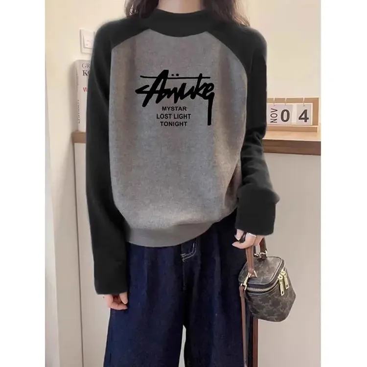 半高领德绒拼色插肩长袖t恤女秋冬季新款时尚百搭加厚保暖打底衫