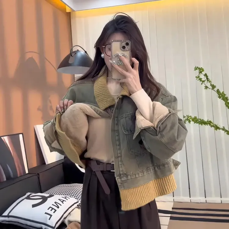 美式复古慵懒风撞色牛仔外套女2025加绒新款小众休闲风上衣7-71#